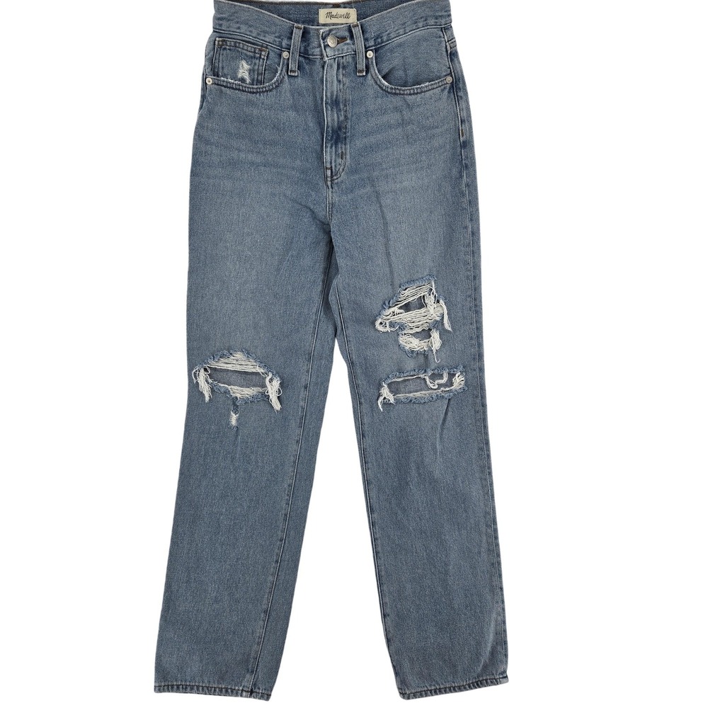 Madewell Baggy Straight Jeans Womens 25 Blue Distressed High Rise Ripped Denim